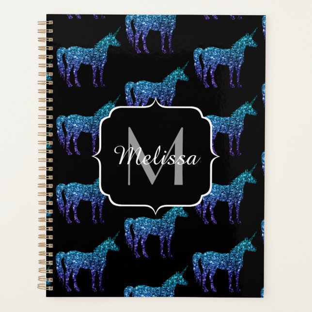 Unicorn Glitzern Aqua-blaues Omermuster Monogram Planer (Vorderseite)