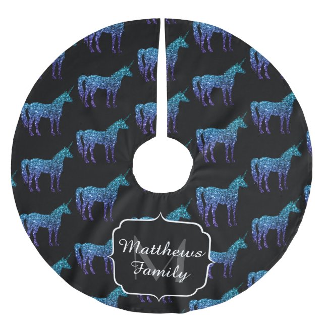 Unicorn Glitzern Aqua-blaues Omermuster Monogram Polyester Weihnachtsbaumdecke (Vorderseite)