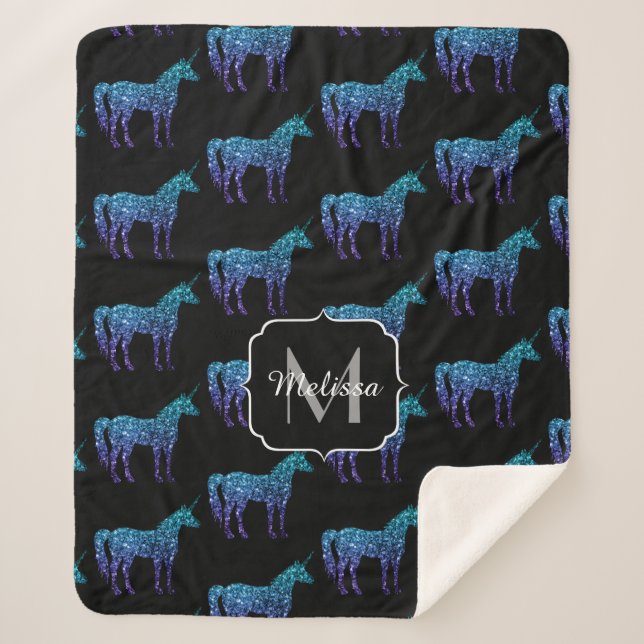 Unicorn Glitzern Aqua-blaues Omermuster Monogram Sherpadecke (Vorderseite)