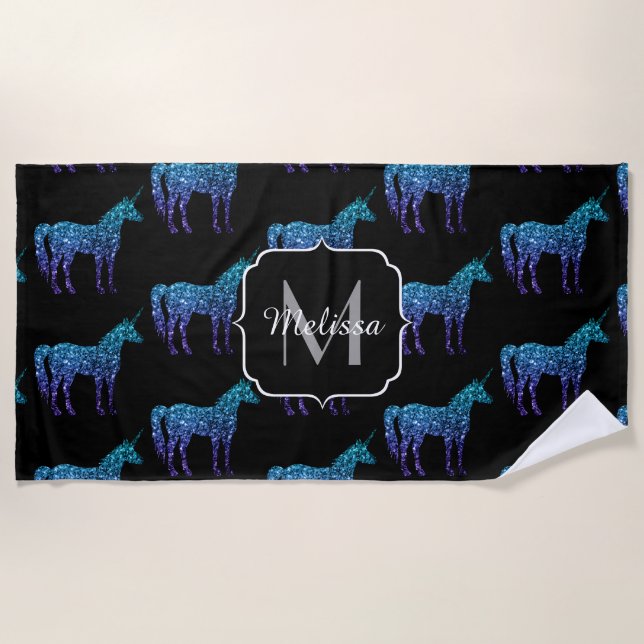 Unicorn Glitzern Aqua-blaues Omermuster Monogram Strandtuch (Vorderseite)