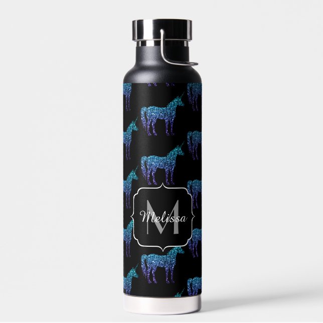 Unicorn Glitzern Aqua-blaues Omermuster Monogram Trinkflasche (Links)