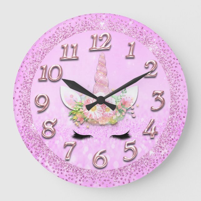 Unicorn Gold Lash Numbers Girly Glitter Spark Pink Große Wanduhr (Vorderseite)