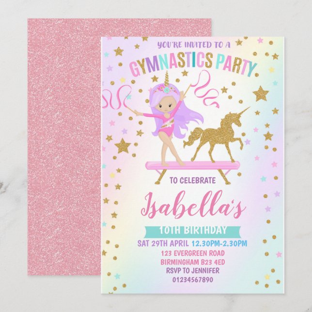 Unicorn Gymnastique anniversaire Invitation (Devant / Derrière)