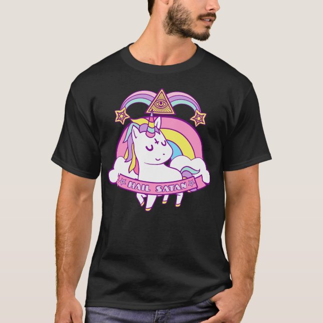 Unicorn Hail Satan Death Metal Rainbow Gift T-Shirt (Vorderseite)