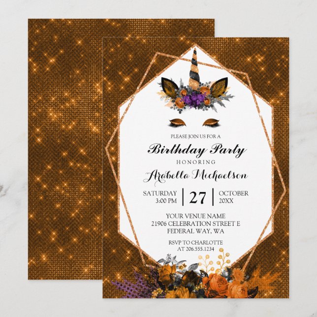 Unicorn Halloween Blumenzwiebeln Geburtstag Einladung (Vorne/Hinten)
