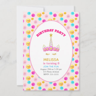 Unicorn & Happy Faces on Pink Birthday Party Einladung