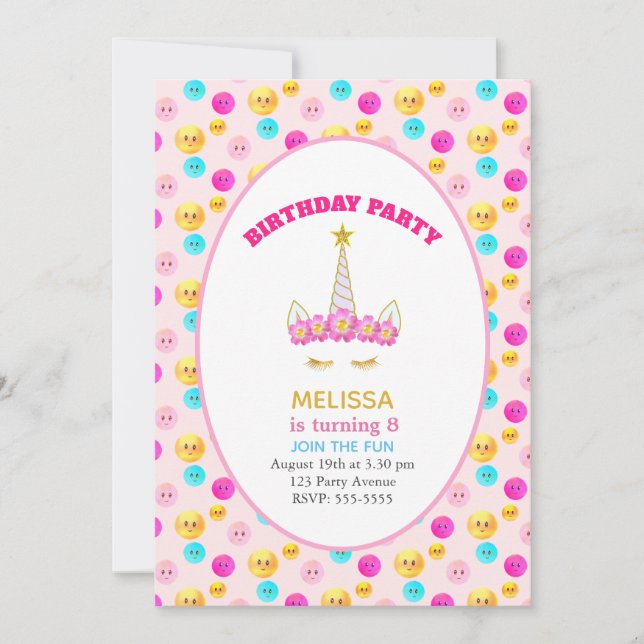 Unicorn & Happy Faces on Pink Birthday Party Einladung (Vorderseite)