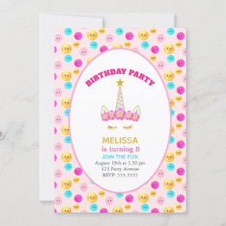 Unicorn & Happy Faces on Pink Birthday Party Einladung