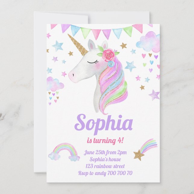 Unicorn Head Gold Rainbow Glitzer Girl Birthday Einladung (Vorderseite)