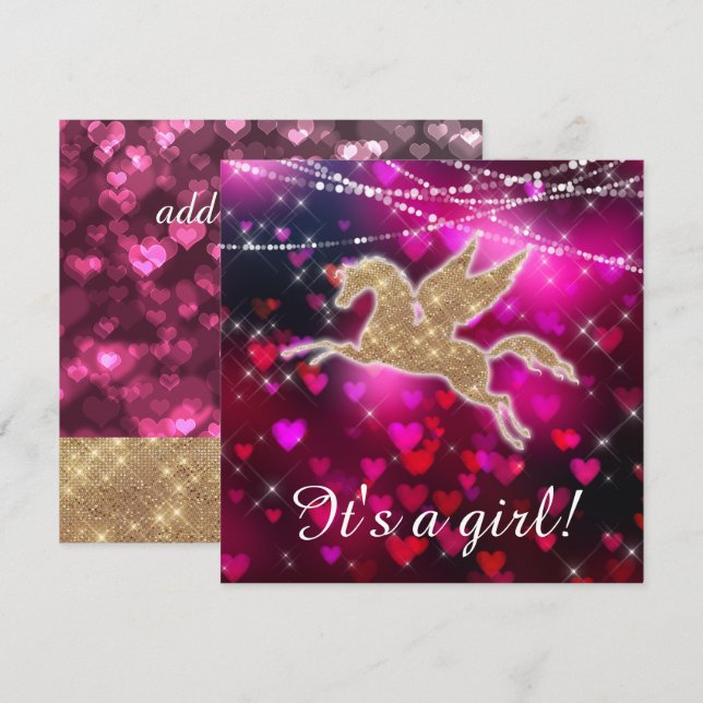 Unicorn Hearts Pink Baby Girl Dusche Einladung (Vorne/Hinten)