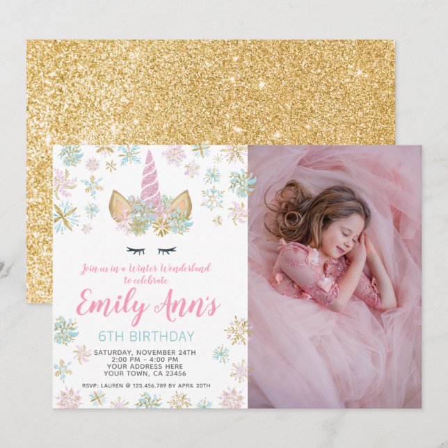 Unicorn hiver Anniversaire Invitation avec photo (Devant / Derrière)