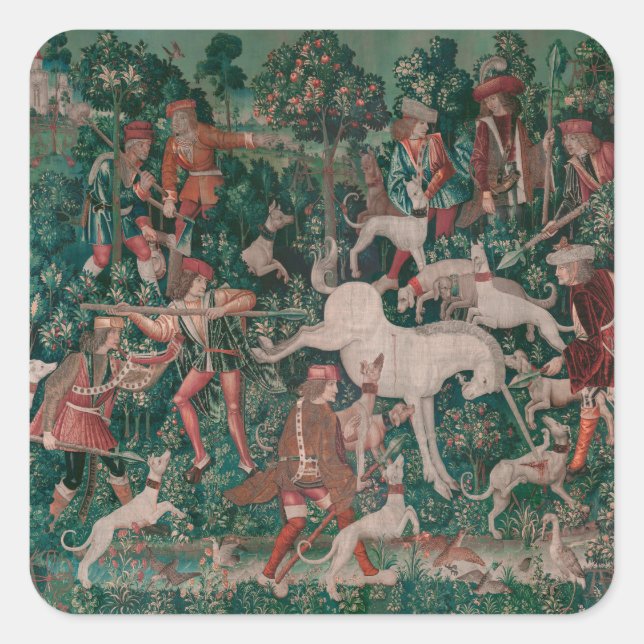 Unicorn Hunt Mittelalterliche Kunst - Einhorn vert Quadratischer Aufkleber (Vorderseite)
