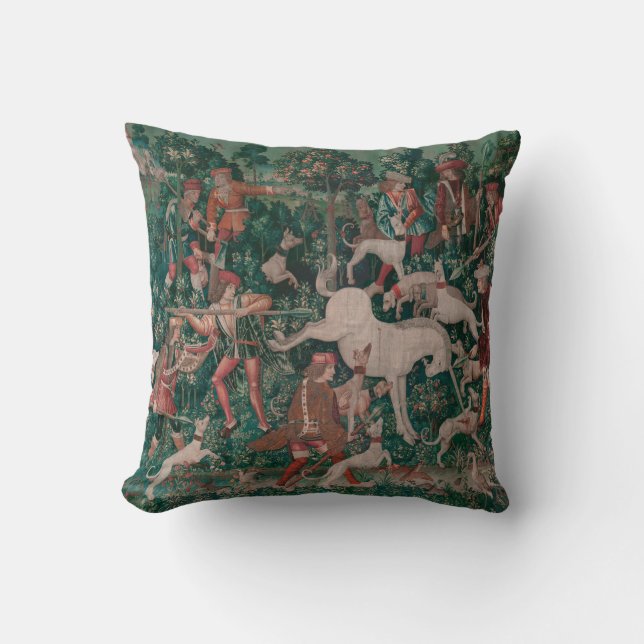 Unicorn Hunt Mittelalterliche Kunst, Einhorn verte Kissen (Vorderseite)