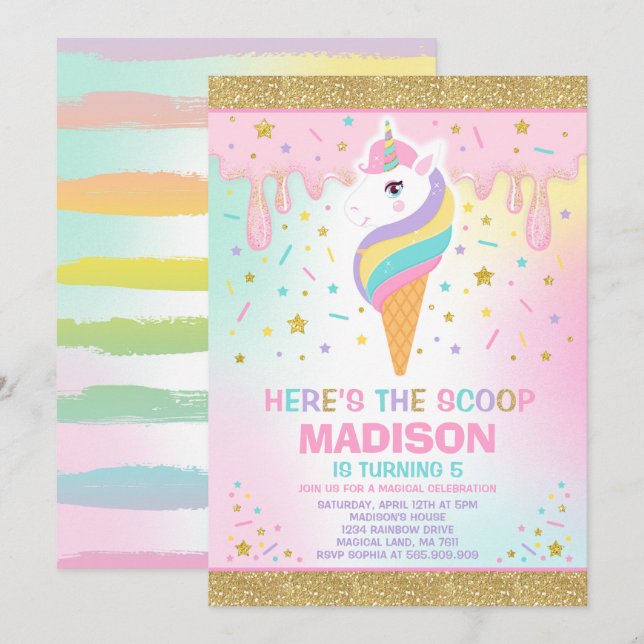 Unicorn Ice Cream Invitation Magic Ice Cream Party (Devant / Derrière)