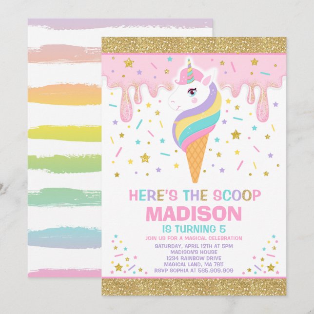 Unicorn Ice Cream Invitation Magic Ice Cream Party (Devant / Derrière)