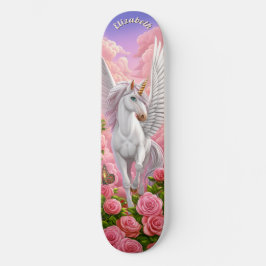 Unicorn in Pink Sky with Roses Fantasy Art Skateboard
