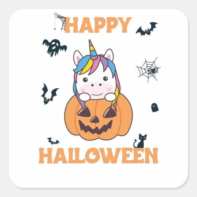 Unicorn in Pumpkin Niedliche Einhörner Frohe Hallo Quadratischer Aufkleber (Vorderseite)