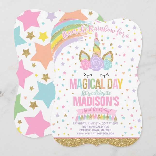 Unicorn Invitation Anniversaire Pink Gold Unicorn (Devant / Derrière)