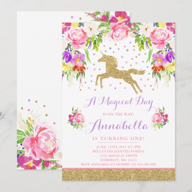 Unicorn Invitation Anniversaire Pink Gold Unicorn (Devant / Derrière)