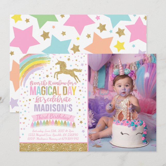 Unicorn Invitation Anniversaire Pink Gold Unicorn (Devant / Derrière)