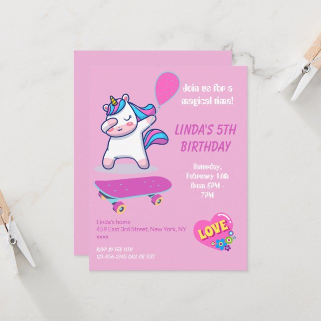 Unicorn Invitations d'anniversaire fille (Devant/Arrière en situation)