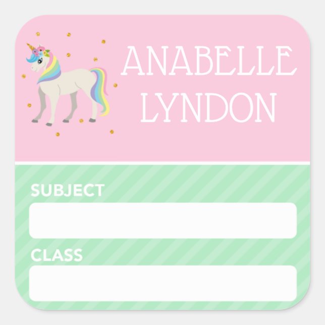 Unicorn Kind School Name Label | Editierbare Farbe Quadratischer Aufkleber (Vorderseite)