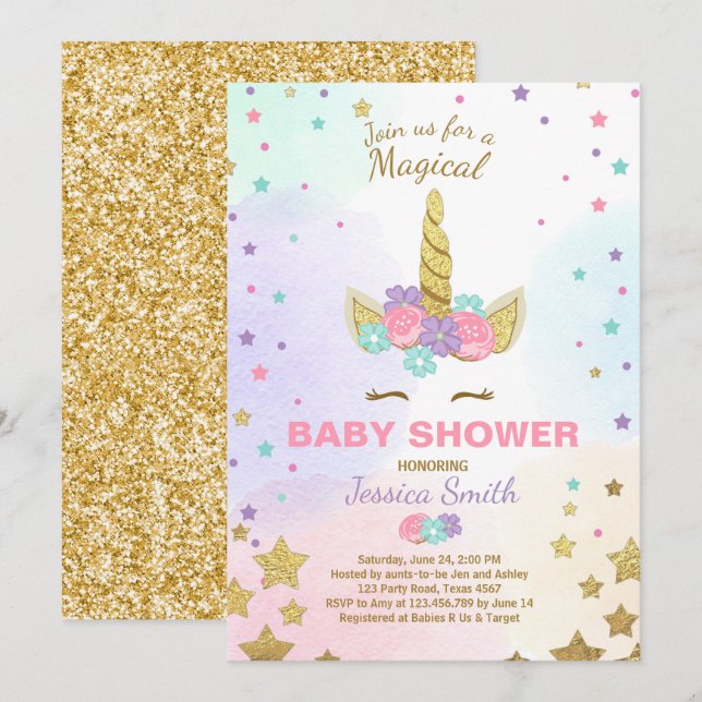 Unicorn Kinderdusche Einladung Pink Gold Magical (Vorne/Hinten)