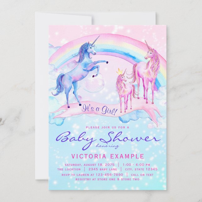 Unicorn Kinderdusche Einladungen Pastel Unicorn (Vorderseite)
