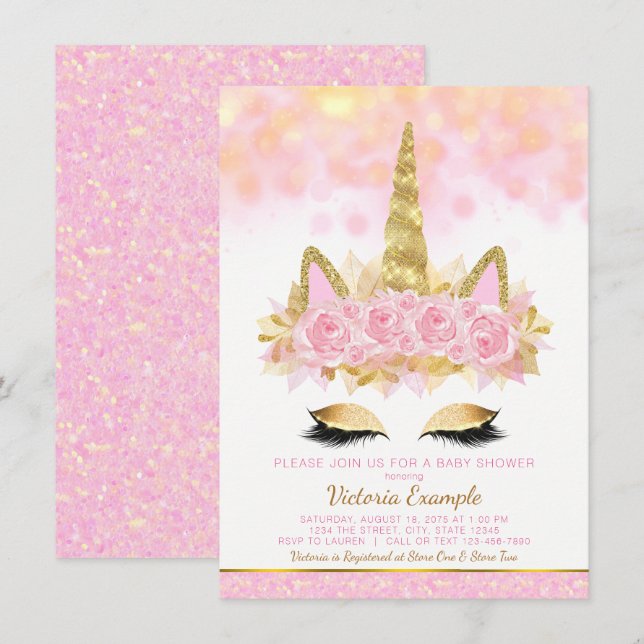 Unicorn Kinderdusche Einladungen Rosa Gold Einhorn (Vorne/Hinten)