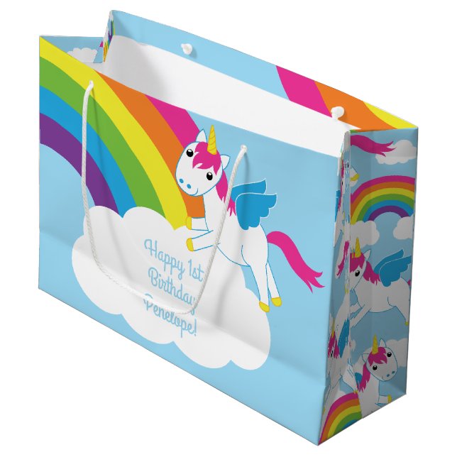 Unicorn-Kindergeburtstag-Party Große Geschenktüte (Vorderseite Schrägansicht)