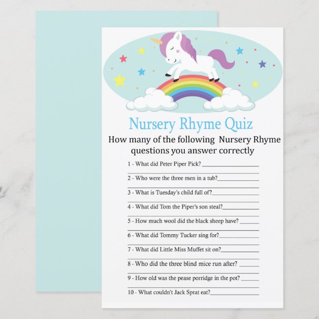 Unicorn Kinderzimmer Rhyme Quiz Kinderduschenspiel (Vorne/Hinten)