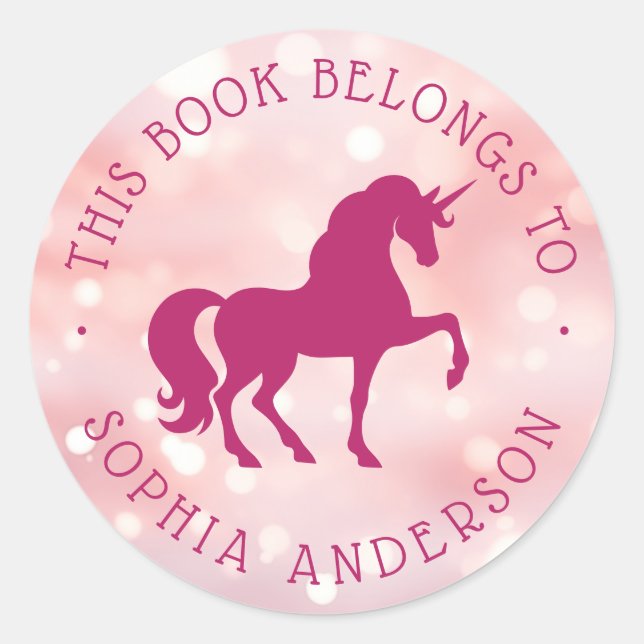  Unicorn light pink bokeh library book label Runder Aufkleber (Vorderseite)