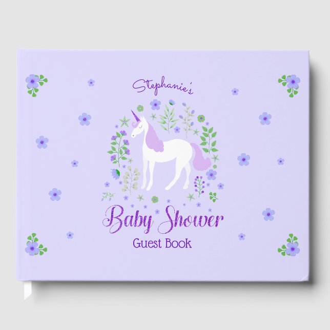 Unicorn Lila Glitzer Personalisiert Babydusche Gästebuch (Vorderseite)