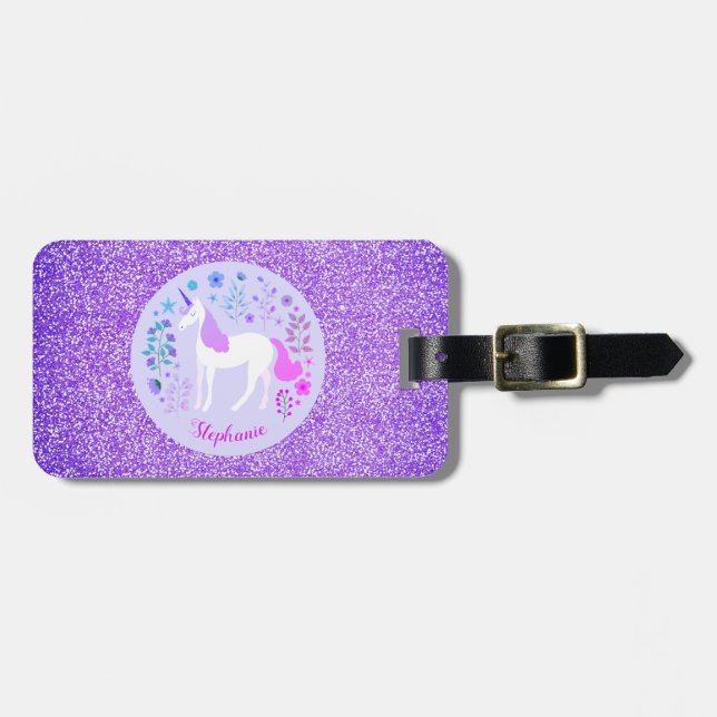 Unicorn Lila Glitzer Personalisierter Name Gepäckanhänger (Vorderseite horizontal)