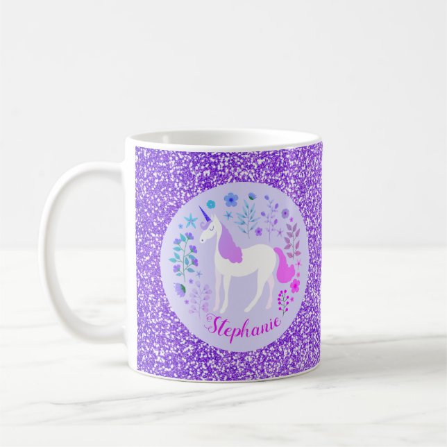 Unicorn Lila Glitzer Personalisierter Name Kaffeetasse (Links)