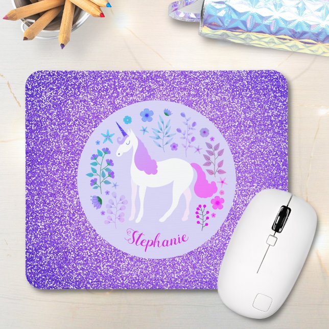 Unicorn Lila Glitzer Personalisierter Name Mousepad (Von Creator hochgeladen)