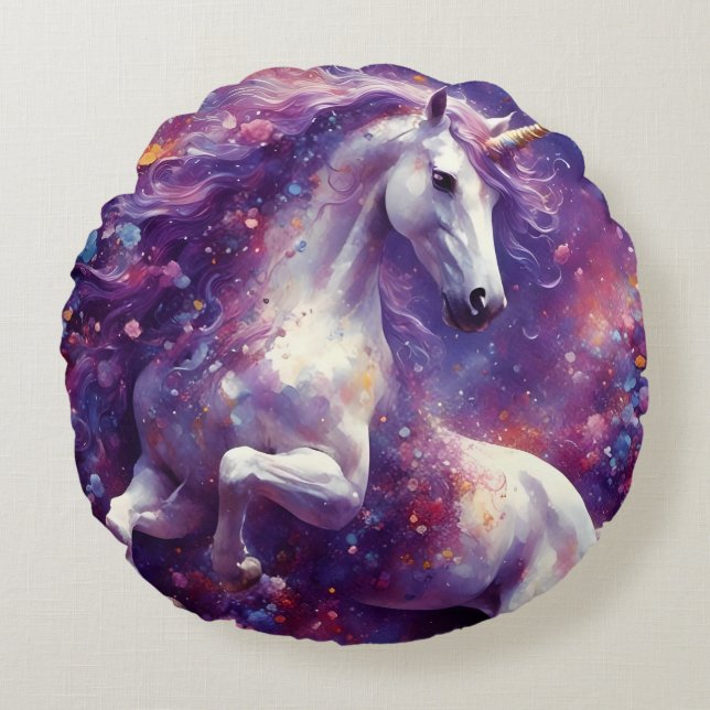 Unicorn Lila Mane Rundes Kissen (Vorderseite)