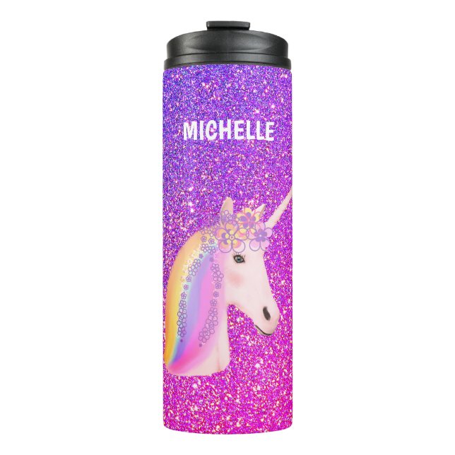 Unicorn Lila Pink Glitzer Personalisiert Thermosbecher (Vorderseite)