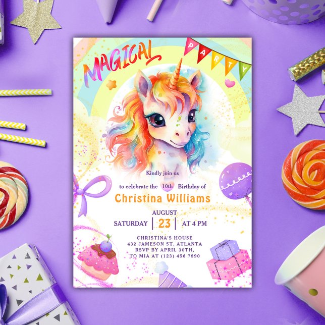 Unicorn Lila Rainbow Geburtstag Einladung (Unicorn Purple Rainbow Birthday Invitation)
