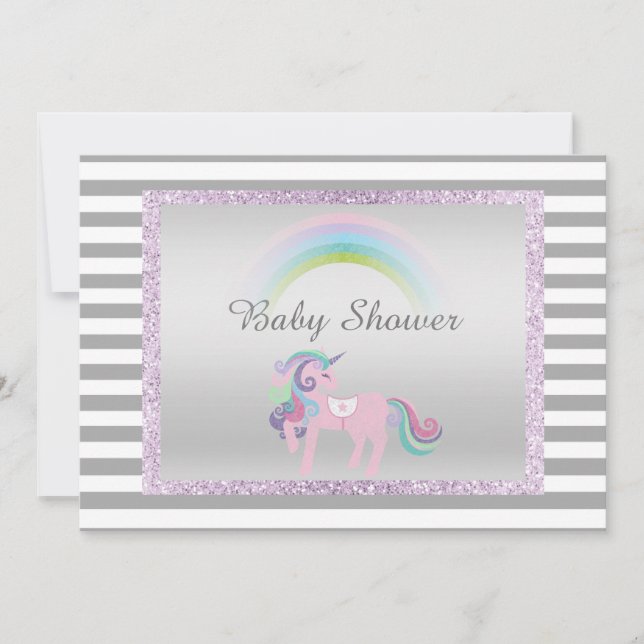 Unicorn Lila Silber-Einhorn-Babydusche Einladung (Vorderseite)