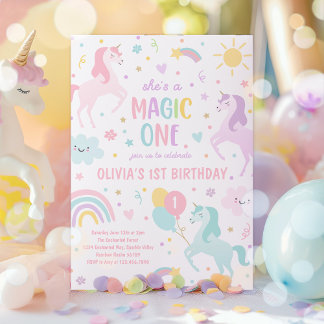 Unicorn Magic One Pastel Rainbow 1. Geburtstag Einladung