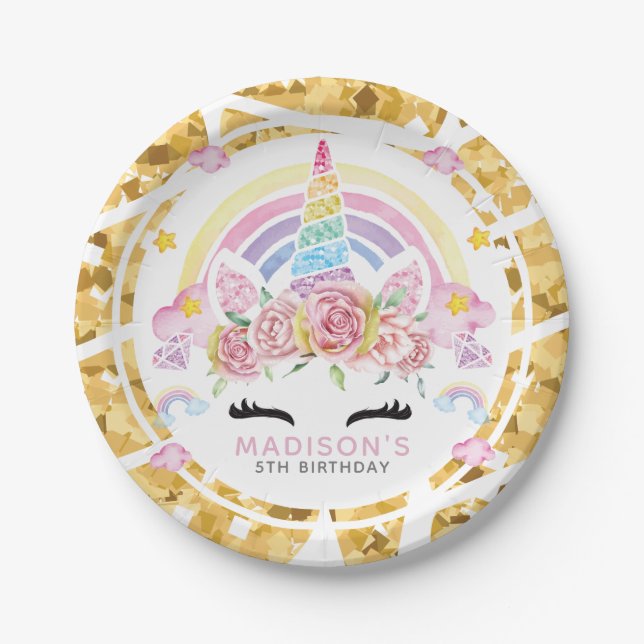 Unicorn Magical Birthday Gold Pappteller (Vorderseite)