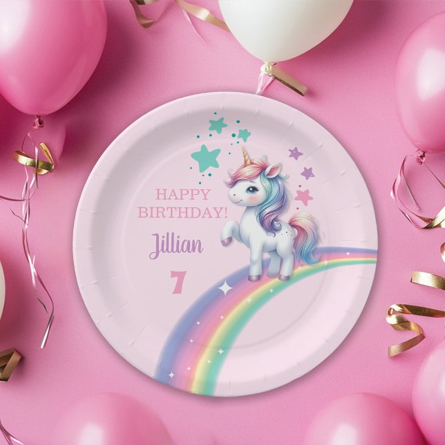 Unicorn Magical Birthday Party Pappteller (Colorful Magical Unicorn and Rainbow Girl Happy Birthday Paper Plate)