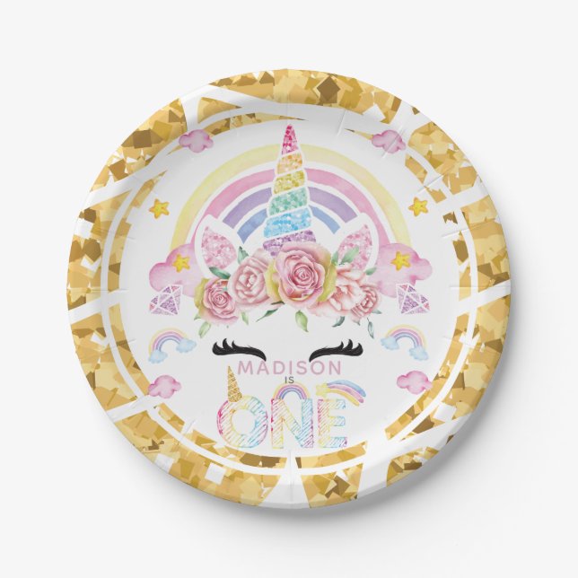 Unicorn Magical First Birthday Gold Pappteller (Vorderseite)