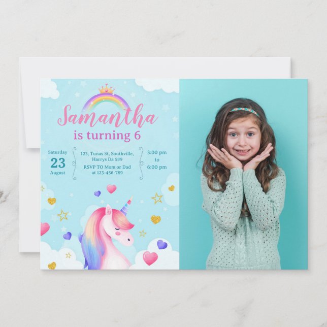 Unicorn Magical Girl Birthday Einladung (Vorderseite)