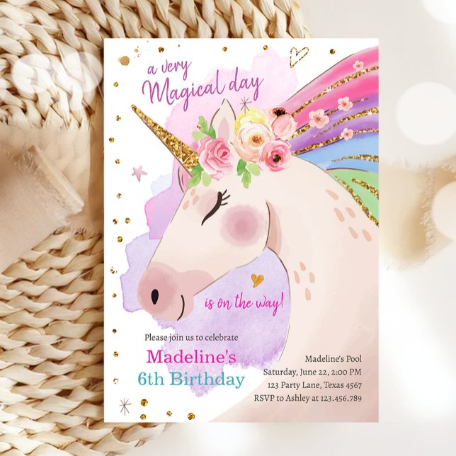 Unicorn Magical Pink Gold Rainbow Girl Birthday Einladung (Von Creator hochgeladen)