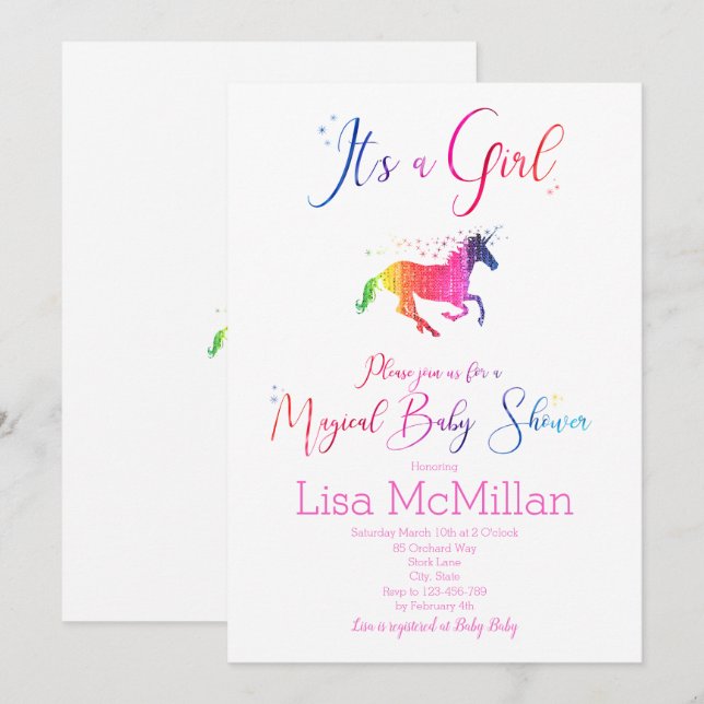 Unicorn Magical Rainbow Baby Shower Einladung (Vorne/Hinten)