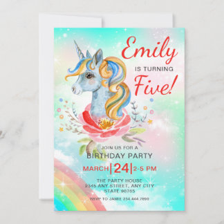 Unicorn Magical Rainbow Fifth Birthday Party Invit Einladung