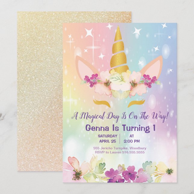 Unicorn Magical Rainbow Imitats Gold 1. Geburtstag Einladung (Vorne/Hinten)