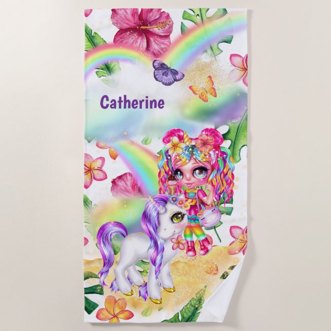 Unicorn Magie Regenbogen Mädchen verzauberte Garte Strandtuch (Vorderseite)